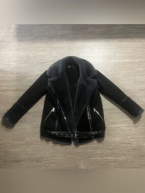Zara Black Faux Shearling Moto Jacket with Belt